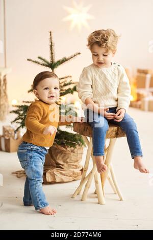 Porträt eines kleinen hübschen Brüder auf einem hölzernen gelehnt Stuhl neben dem Weihnachtsbaum in einem weißen weihnachten geschmückt Stockfoto