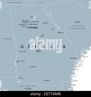 Georgia, GA, graue politische Karte mit der Hauptstadt Atlanta und den größten Städten. Staat in der südöstlichen Region der Vereinigten Staaten von Amerika. Stockfoto