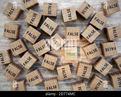 3D-Rendering von Bündel von Holzblöcken Rechtschreibung Falsches Wort Und einen Block mit echter Wortaufnahme von oben Stockfoto