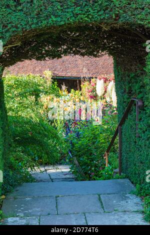 Die Gärten von Great Dixter, die Christopher Lloyd während der späten Herbstsonne geschaffen hat, mit eingeschränktem Zugang nach Covid-Regeln, Northiam, East Sussex, Großbritannien Stockfoto