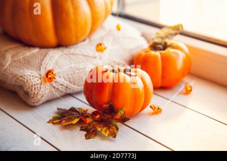 Persimmon auf der Fensterbank mit Kürbis, warmen Wollpulvern und Ahornblättern. Stockfoto