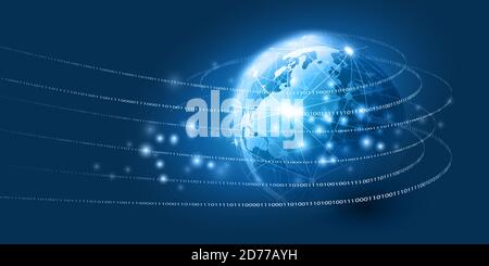 Abstract Blue Modern Minimal Style Cloud Computing, Networks, Telecommunications Concept Design mit Polygonal Mesh, leuchtenden Linien von binären Code-Daten Stock Vektor