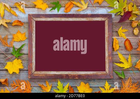 Herbstkomposition. Helle Herbstblätter und Bilderrahmen auf einem hölzernen Hintergrund mit kastanienbraunen Mock für Text Stockfoto