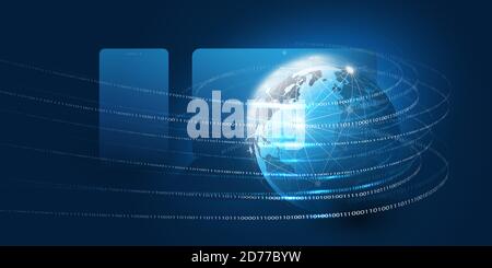 Abstract Blue Modern Minimal Style Cloud Computing, Networks, Telecommunications Concept Design mit Polygonal Mesh, leuchtenden Linien von binären Code-Daten Stock Vektor