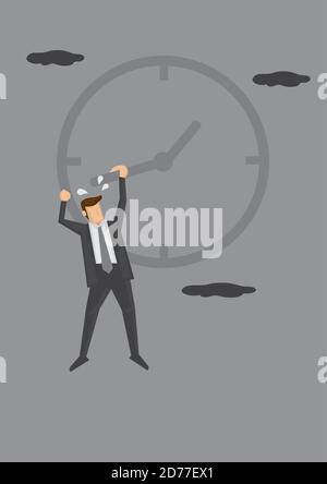 Mann im Geschäftsanzug hängt gefährlich an der Hand auf dem Gesicht einer Uhr. Humorvolle konzeptuelle Vektor-Illustration für Metapher in Bezug auf Zeit Mann Stock Vektor
