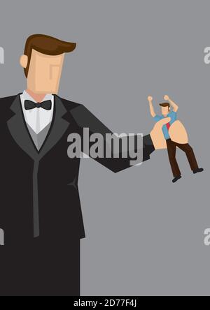 Großer reicher Mann, der kleine Mittelklasse-Mann quetscht. Kreative Vektor-Illustration auf gequetscht Metapher isoliert auf grauem Hintergrund. Stock Vektor