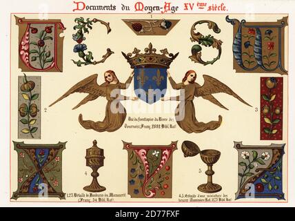 Wappen mit Engeln aus dem Frontispiz von Rene I d’Anjous Turnierbuch, Randdetails aus einem Manuskript und 45 aus einem Miniaturbuch der Stunden, Heures de Charles d'Angoulême. Frontispice du Livre des Tournois, Franc. 2692 Bib. NAT, 1,2,3, Details de bordures du manuscrit Franc. 54, Bib. NAT, 4,5, extraits d’une miniature des heures illuminees, lat. 1173, Bib. Nat. Chromolithographie von Ernst Guillot aus der Ornementation des Manuscrits au Moyen-Age, XVe Siecle (Ornamentik aus Handschriften des Mittelalters, 15. Jahrhundert), Paris, 1890. Stockfoto