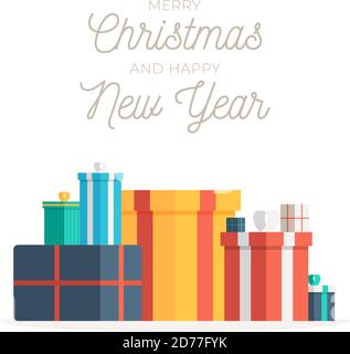 Großer Stapel von bunt verpackten Geschenkboxen für Weihnachten und Neujahr Grußkarte. Vektorgrafik Stock Vektor