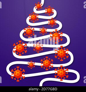 Frohes neues Jahr ein frohe weihnachten. Cartoon Coronavirus Bakterien mit Linie weihnachtsbaum. Vektorgrafik. Stock Vektor