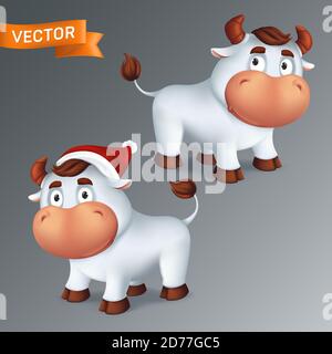 Set von lustigen silbernen Ochsen Tiere in roten Santa's Hut. Symbol des Jahres im chinesischen Tierkreiskalender. 3d Cartoon Vektor Illustration von zwei weißen smil Stock Vektor