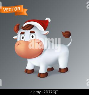 Lustige silberne Ox Tier in roten Santa's Hut. Symbol des Jahres im chinesischen Tierkreiskalender. 3d Cartoon Vektor Illustration der weißen lächelnden Stier Stock Vektor