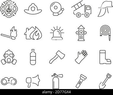 Feuerwehrmann & Feuerwehrmann Ausrüstung Icons Black & White Thin Line Groß Einstellen Stock Vektor