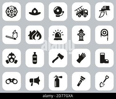 Feuerwehrmann & Feuerwehrmann Ausrüstung Icons Schwarz & Weiß Flat Design Groß Einstellen Stock Vektor