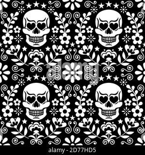 Mexikanischer Totenkopf und Blumen Vektor nahtloses Muster, weißes Halloween und Tag der Toten Blumen repetitive Design auf schwarz - Folk Art Stil Stock Vektor