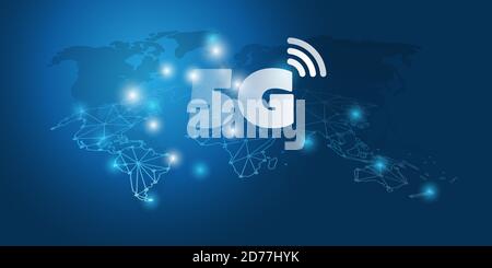 Futuristisches Konzept für globale 5G-Mobilfunknetze mit Cluster glühender Knoten und Weltkarte - hohe Geschwindigkeit, Breitband-Mobilfunk und Wireless Stock Vektor