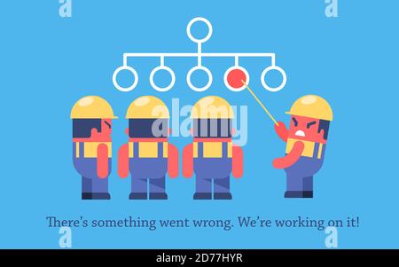 Fehler beim Seitendesign. Lustige Zeichentrickarbeiter stehen in der Nähe der Sitemap. Chief zeigt auf roten Kreis. Stock Vektor