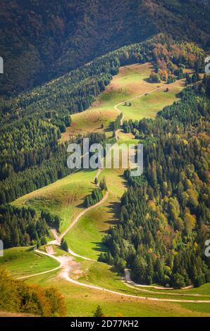 Herbstlandschaft in den Bergen. Berg Herbst Szene mit bunten Bäumen im Wald Stockfoto