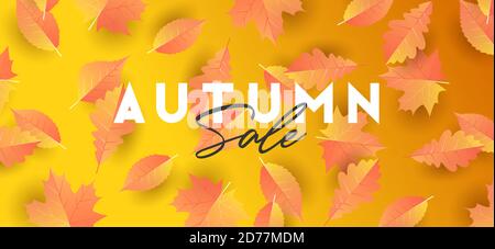 Herbst saisonaler Hintergrund mit fallenden realistischen Farbverlauf Blätter mit Typografie Zusammensetzung zum Verkauf Stock Vektor