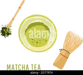 Matcha Pulverschale, Holzlöffel und Schneebesen, grünes Teeblatt isoliert auf weißem Hintergrund. Vektorgrafik Stock Vektor