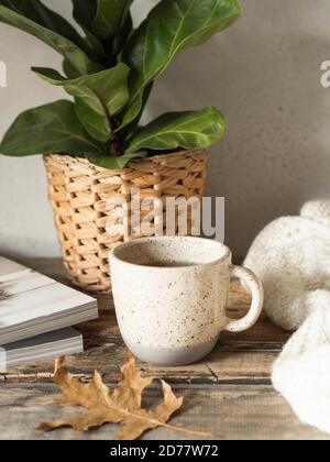 Gemütliches Herbsthaus Stillleben von Zimmerpflanzen, ein Becher mit einem Getränk, eine Strickdecke und Zeitschriften auf einem rustikalen Holztisch Stockfoto