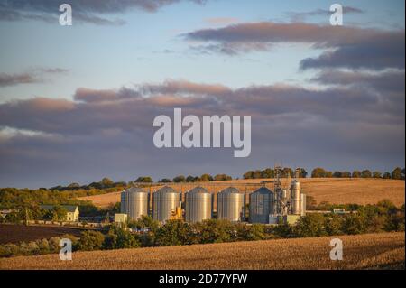 Getreidelagersilos, glänzende Metalltanks für Getreide am Bahnhof Rogojeni in Moldawien Stockfoto