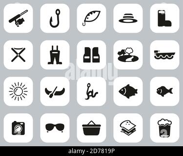 Angeln & Angelausrüstung Icons Schwarz & Weiß Flat Design Groß Einstellen Stock Vektor