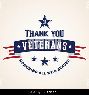 Danke Veteranen - zu Ehren aller, die gedient haben. Vintage Feiertagsfeier Poster mit american Flag Band. Vektorgrafik EPS.8 EPS.10 Stock Vektor