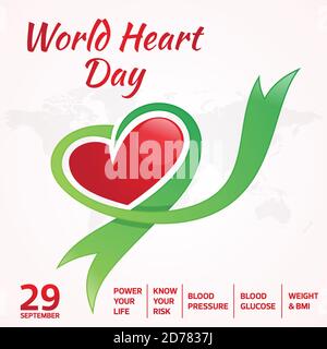 Heute ist Welt Herz Tag Grußkarte mit Grafik-Karte und Herzband. Vektor Illustration Konzept World Heart Day Hintergrund für Banner oder Poster. Stock Vektor