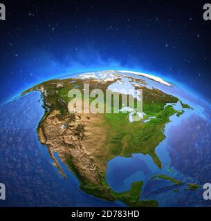 Oberfläche des Planeten Erde von einem Satelliten aus betrachtet, fokussiert auf Nordamerika. Physische Karte der USA und Kanada. 3D-Illustration - Element Stockfoto