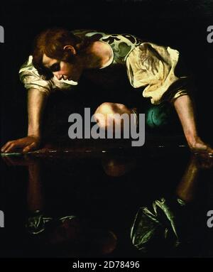 Titel: Narcissus Ersteller: Michelangelo Caravaggio Datum: ca.1597 - 1599 Medium: Öl auf Leinwand Maße: 110 x 92 cm Ort: Palazzo Barberini, Gallerie Nazionali Barberini Corsini Stockfoto