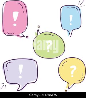 Stellen Sie Vektordarstellung von farbigen Dialog Sprechblasen mit Symbolen sprechen mit Linienstil auf dem weißen Hintergrund. Dünne Linie Art flaches Design von mobilen Stock Vektor