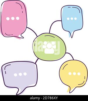 Vektor-Illustration von bunten Community-Dialog Sprechblasen mit Symbolen sprechen mit Linienstil. Dünne Linie Art flaches Design der mobilen Technologie. Vecto Stock Vektor
