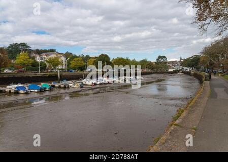 Boote, die bei Ebbe an der Mündung der Kingsbridge am Ufer in Kingsbridge, South Hams, Devon festgemacht wurden Stockfoto