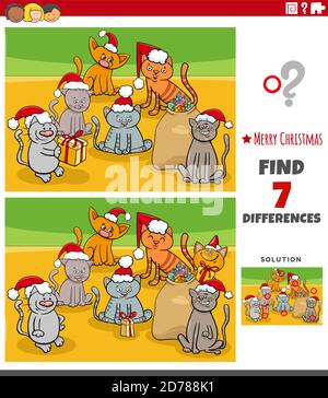 Cartoon Illustration der Suche nach Unterschieden zwischen Bildern Educational Spiel für Kinder mit Comic Kätzchen Gruppe auf Weihnachtszeit Stock Vektor
