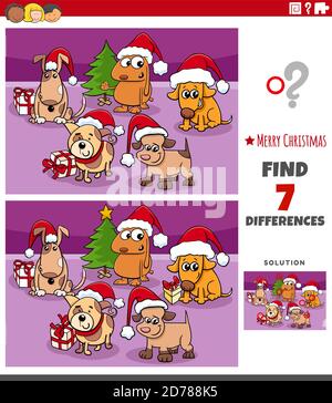 Cartoon Illustration der Suche nach Unterschieden zwischen Bildern Educational Spiel für Kinder mit Comic Dogs Gruppe auf Weihnachten Stock Vektor