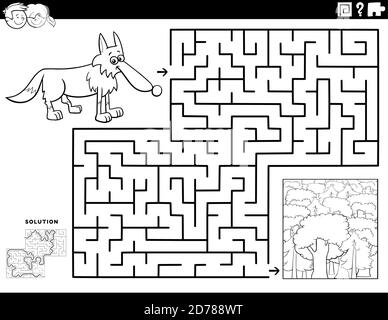 Schwarz-Weiß-Cartoon Illustration der pädagogischen Labyrinth Puzzle-Spiel Für Kinder mit Wolf und Wald Malbuch Seite Stock Vektor