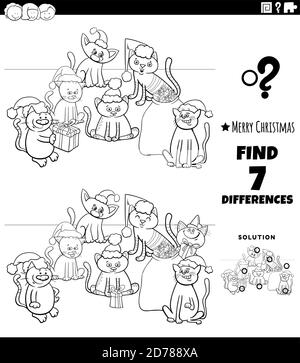Schwarz-Weiß-Cartoon Illustration der Suche nach Unterschieden zwischen Bildern Pädagogisches Spiel für Kinder mit Comic Kätzchen Gruppe auf Weihnachten Zeit Stock Vektor