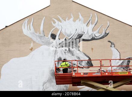 Linköping, Schweden 20201001 Diese Woche wurde in Östergötland das Street Art Projekt ARTSCAPE FORM offiziell gestartet. Die Künstlerin Stina Folkebrant malt ein großes Wandbild im Zentrum von Linköping. Foto von Jeppe Gustafsson Stockfoto