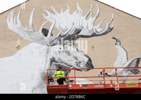 Linköping, Schweden 20201001 Diese Woche wurde in Östergötland das Street Art Projekt ARTSCAPE FORM offiziell gestartet. Die Künstlerin Stina Folkebrant malt ein großes Wandbild im Zentrum von Linköping. Foto von Jeppe Gustafsson Stockfoto