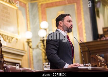 11. Januar 2012, Madrid, Madrid, Spanien: Der Vorsitzende der Vox-Partei, Santiago Abascal, spricht während einer parlamentssitzung in Madrid. . heute wird in der Plenarsitzung ein Misstrauensantrag der spanischen rechtsextremen Partei Vox gegen den spanischen Ministerpräsidenten Pedro Sanchez diskutiert (Foto: © Diego Radames/SOPA Images via ZUMA Wire) Stockfoto