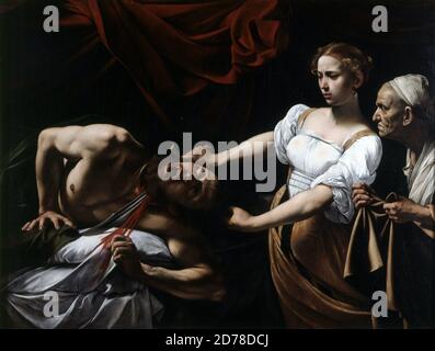 Titel: Judith und Holofernes (Judith Beheading Holofernes) Judith enthaupten den Kopf des Holofernes-Helfers seines Dieners Abra Schöpfer: Michelangelo Caravaggio Datum: 1570/71 Medium: Öl auf Leinwand Maße: 44x195 cm Ort: Galleria Nazionale d'Arte Antica Palazzo Stockfoto