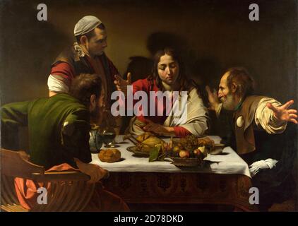 Titel: Das Abendmahl in Emmaus Ersteller: Michelangelo Caravaggio Datum: 1601 Medium: Öl und Tempera auf Leinwand Größe: 141x196.2 cms Ort: National Gallery, London Stockfoto