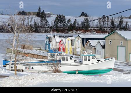 Fischerboote zogen aus dem Wasser für den Winter in ländlichen Prince Edward Island, Kanada. Stockfoto