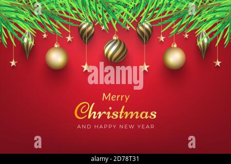 Weihnachtshintergrund mit goldenen Ornamenten, die am Baum hängen. Vektoren für Werbung, Banner, Grußkarten, Social Media Beiträge und mehr Stock Vektor