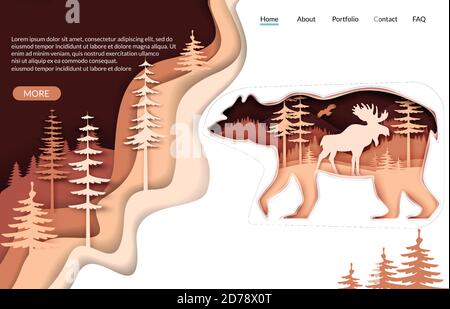 Vorlage für Landing Page der Nature Vector-Website. Papier geschnitten Bär Silhouette mit Waldlandschaft, Elch. Die Schönheit der Natur. Stock Vektor