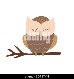 Niedliche Cartoon Eule auf einem Ast sitzen. Lustige Waldcharakter isoliert auf weißem Hintergrund. Vektorgrafik. Stock Vektor