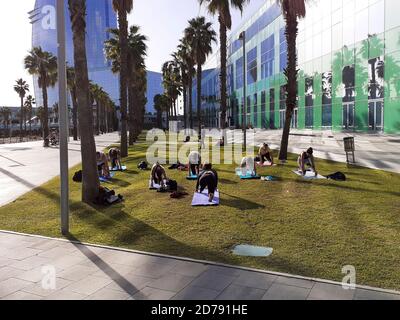 Yoga im Freien. Gruppe von Menschen, die Übungen mit einem Ausbilder machen. Stockfoto