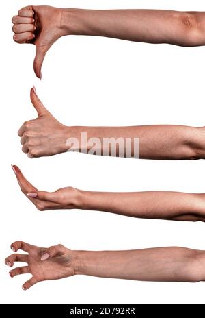 Mehrere Bilder setzen weibliche schwarze Hände isoliert weißen Hintergrund zeigt verschiedene Gesten. Collage von Händen einer afrikanischen Frau mit Maniküre Stockfoto
