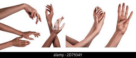 Mehrere Bilder setzen weibliche schwarze Hände isoliert weißen Hintergrund zeigt verschiedene Gesten. Collage von Händen einer afrikanischen Frau mit Maniküre Stockfoto