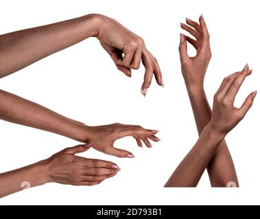 Mehrere Bilder setzen weibliche schwarze Hände isoliert weißen Hintergrund zeigt verschiedene Gesten. Collage von Händen einer afrikanischen Frau mit Maniküre Stockfoto